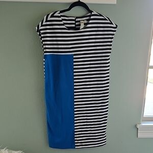 Emma & Michele Black and White Striped Dress with Blue Panel